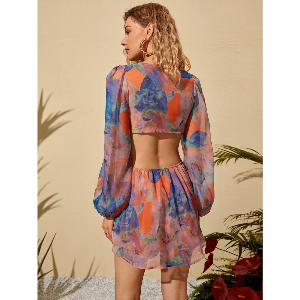 boho Lantern Sleeve Knot Cutout Waist Chiffon Romper - Picture 7 of 11